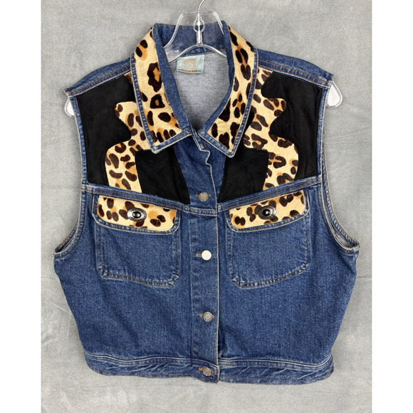 Vintage Y2K Denim & Leather Vest XL Animal Print Leopard Western Cowboy Festival - Picture 12 of 12